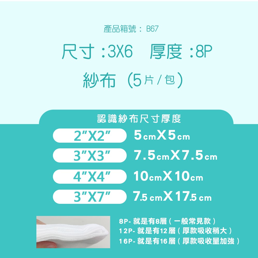 10元/包-共100包/袋【勤達】3X6吋-8P-滅菌純棉紗布塊5片裝/包-B67